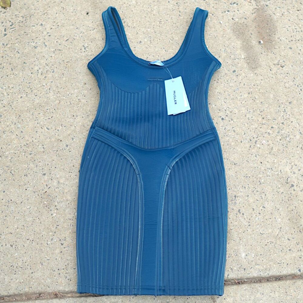 Mugler Teal Glossy Embossed Mini Dress NWT Size 38 Medium Blue Coated Bodycon